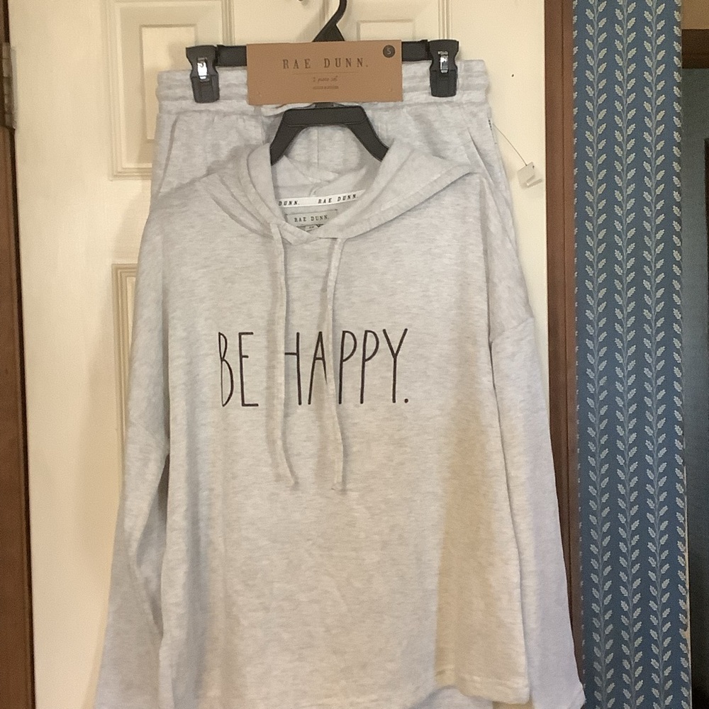 Rae Dunn Be Happy 2 Piece Hoodie & Jogger Small Oatmeal Heather NEW